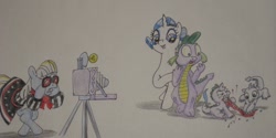 Size: 1560x782 | Tagged: safe, artist:hillbe, photo finish, rarity, spike, oc, dracony, dragon, hybrid, pony, unicorn, female, interspecies offspring, male, newbie artist training grounds, offspring, parent:rarity, parent:spike, parents:sparity, photo, shipping, sparity, straight, traditional art