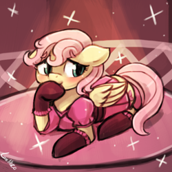 Size: 500x500 | Tagged: safe, artist:lumineko, fluttershy, pegasus, pony, alternate hairstyle, clothes, dress, socks, solo