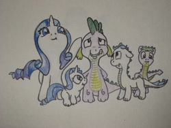 Size: 1600x1200 | Tagged: safe, artist:hillbe, rarity, spike, oc, dracony, dragon, hybrid, pony, unicorn, female, interspecies offspring, male, offspring, parent:rarity, parent:spike, parents:sparity, shipping, sparity, straight, traditional art