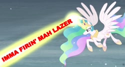 Size: 850x460 | Tagged: safe, screencap, princess celestia, alicorn, pony, the crystalling, flying, image macro, imma firin mah lazah, magic, magic blast, meme, shoop da whoop, solo, spread wings