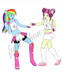 Size: 1080x1268 | Tagged: safe, artist:fude-chan-art, derpibooru import, majorette, rainbow dash, equestria girls, belly button, boots, clothes, compression shorts, exeron fighters, fingerless gloves, gloves, hair bun, leg warmers, midriff, miniskirt, shoes, shorts, skirt, socks, sports bra