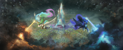 Size: 2626x1080 | Tagged: safe, artist:huussii, princess celestia, princess luna, alicorn, pony, the crystalling, blast, cloud, crystal castle, crystal empire, duo, epic, female, flying, magic, magic beam, magic blast, mare, royal sisters, scene interpretation, scenery, scenery porn, siblings, sisters