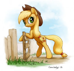 Size: 1024x985 | Tagged: safe, artist:cannibalus, applejack, earth pony, pony, bipedal, bipedal leaning, cute, fence, jackabetes, looking at you, raised leg, smiling, solo