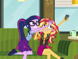 Size: 800x600 | Tagged: safe, screencap, sci-twi, sunset shimmer, timber spruce, twilight sparkle, equestria girls, equestria girls series, text support, text support: sunset shimmer, adorable distress, adorkable, animated, bully, clothes, crossed legs, cute, dork, flailing, geode of empathy, geode of telekinesis, gif, glasses, implied shipping, implied straight, implied timbertwi, jewelry, keep away, magical geodes, majestic as fuck, necklace, phone, puns in the comments, tantrum, twilighting