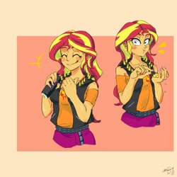 Size: 1000x1000 | Tagged: safe, artist:sozglitch, sunset shimmer, human, equestria girls, equestria girls series, blushing, clothes, cute, eating, eyes closed, food, licking, licking lips, looking at you, shimmerbetes, signature, smiling, tongue out
