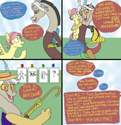 Size: 1809x1865 | Tagged: safe, artist:fiona, butterscotch, discord, eris, fluttershy, pegasus, pony, breaking the fourth wall, cane, comic, door, duo, female, hat, male, rule 63