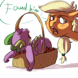 Size: 1024x1024 | Tagged: safe, artist:imsokyo, applejack, spike, dragon, earth pony, pony, apple, basket, cute, daily sleeping spike, found, sleeping, tumblr