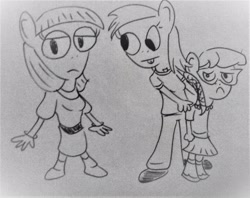 Size: 1667x1320 | Tagged: safe, artist:dex stewart, derpy hooves, maud pie, silver spoon, anthro, bucktooth, fairly odd parents, lineart, monochrome, traditional art