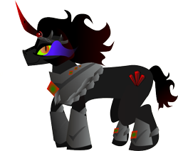 Size: 607x518 | Tagged: safe, artist:strangecanine, derpibooru import, king sombra, pony, unicorn, boots, colored horn, crown, curved horn, cutie mark, gorget, helmet, horn, jewelry, male, regalia, shoes, solo, sombra eyes, sombra horn, sombra's cutie mark