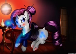 Size: 640x452 | Tagged: safe, artist:candlesnacks, rarity, pony, unicorn, chaise, chopsticks in hair, clothes, folding screen, kanzashi, kimono (clothing), lamp, lineart, obi (clothing), pillow, pipe, rouge, sake, simple background, solo, table, underhoof, vase