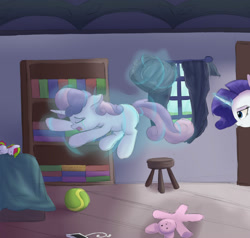 Size: 2000x1904 | Tagged: safe, artist:vanillaghosties, rarity, sweetie belle, pony, unicorn, backpack, crying, magic, satchel, telekinesis