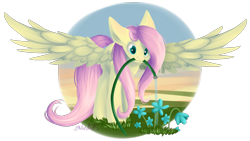 Size: 4411x2495 | Tagged: safe, artist:emiliearts, fluttershy, pegasus, pony, flower, hose, mouth hold, simple background, solo, transparent background, water, watering