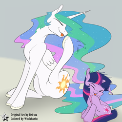 Size: 5000x5000 | Tagged: safe, artist:bri-sta, artist:wodahseht, princess celestia, twilight sparkle, unicorn twilight, alicorn, pony, unicorn, :p, absurd resolution, active stretch, behaving like a dog, cute, cutelestia, duo, eyes closed, female, filly, filly twilight sparkle, floppy ears, fluffy, mare, missing accessory, scratching, sillestia, sitting, smiling, tongue out, twiabetes, unshorn fetlocks