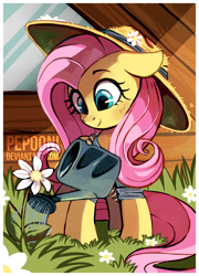 Size: 1600x2219 | Tagged: safe, artist:pepooni, fluttershy, pegasus, pony, clothes, cute, floppy ears, flower, gardening, hat, shyabetes, solo, straw hat, watering can