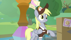 Size: 1920x1080 | Tagged: safe, screencap, derpy hooves, pony, the point of no return, box, letter, mail, solo