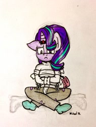 Size: 779x1025 | Tagged: safe, artist:michaelmaddox222, starlight glimmer, anthro, plantigrade anthro, unicorn, bondage, clothes, colored, crossed legs, female, floppy ears, horn, horn ring, implied cozy glow, looking down, magic suppression, pencil drawing, signature, sitting, socks, solo, straitjacket, traditional art