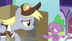 Size: 1920x1080 | Tagged: safe, screencap, derpy hooves, spike, dragon, the point of no return, box, waterfall, winged spike