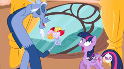 Size: 1601x899 | Tagged: safe, derpibooru import, screencap, discord, twilight sparkle, twilight sparkle (alicorn), alicorn, pegasus, pony, three's a crowd, blue flu, bouquet, flower, golden oaks library, race swap, unplugged