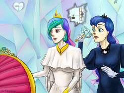 Size: 2000x1500 | Tagged: safe, artist:virtue147, princess celestia, princess luna, human, the crystalling, auntie luna, auntlestia, clothes, hole, humanized, implied flurry heart, rattle