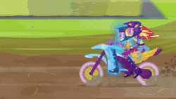Size: 800x450 | Tagged: safe, screencap, rainbow dash, sunset shimmer, equestria girls, friendship games, animated, aura, gif, motorcross, motorcycle, ponied up, riding in tandem, transformation