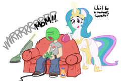 Size: 800x516 | Tagged: safe, artist:shoutingisfun, princess celestia, oc, oc:anon, oc:kid anon, alicorn, human, pony, alternate hairstyle, anon's couch, apron, clothes, controller, cute, cutelestia, female, momlestia, mother and child, mother and son, nintendo 64, parent and child, pokéball, pokémon, simple background, sofa, vacuum cleaner, white background