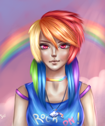 Size: 1900x2300 | Tagged: safe, artist:skycen, derpibooru import, rainbow dash, human, bust, choker, clothes, flower, heart eyes, humanized, lidded eyes, looking at you, necklace, pendant, rainbow, rock on, signature, smiling, solo, wingding eyes