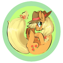 Size: 500x500 | Tagged: safe, artist:techtechno, applejack, earth pony, pony, :t, blushing, cute, ear fluff, female, fetal position, hat, hooves, jackabetes, looking at you, mare, on back, simple background, smiling, solo, tail, unshorn fetlocks, white background