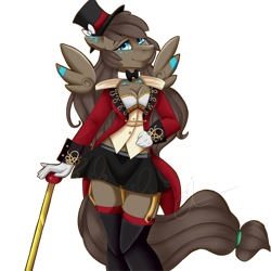 Size: 1024x1024 | Tagged: safe, artist:crecious, oc, oc only, anthro, pegasus, anthro oc, bowtie, breasts, cane, cleavage, clothes, digital art, female, floating wings, garters, gloves, hat, mare, simple background, smiling, solo, stockings, thigh highs, top hat, transparent background