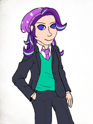 Size: 3120x4160 | Tagged: safe, artist:jesterofdestiny, starlight glimmer, human, equestria girls, beanie, clothes, digitally colored, dress shirt, hand in pocket, hat, humanized, looking at you, necktie, solo, suit, sweater vest, traditional art