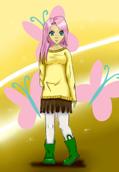 Size: 900x1300 | Tagged: safe, artist:goldensparr0w, fluttershy, human, clothes, humanized, solo, sweatershy