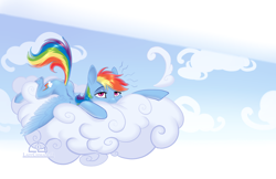 Size: 1382x893 | Tagged: safe, artist:ladychimaera, derpibooru import, rainbow dash, pegasus, pony, cloud, female, lying on a cloud, mare, sky, solo