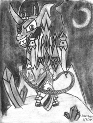 Size: 780x1024 | Tagged: safe, artist:mane-shaker, derpibooru import, king sombra, twilight sparkle, pony, unicorn, castlevania, crossover, evil grin, game, holy water, monochrome, traditional art