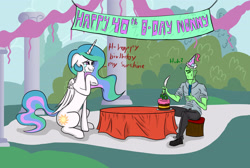 Size: 3221x2160 | Tagged: artist needed, safe, artist:anonymous, princess celestia, oc, oc:anon, alicorn, human, pony, 4chan, birthday, birthday cake, cake, crying, duo, feels, female, floppy ears, food, hat, immortality blues, knife, male, momlestia, party hat, sad, table