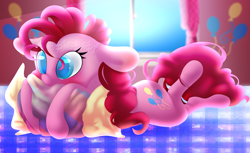 Size: 3248x1984 | Tagged: dead source, safe, artist:bambisbaby, pinkie pie, earth pony, pony, cute, diapinkes, female, floppy ears, mare, pillow, solo, watermark