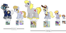 Size: 3888x1944 | Tagged: safe, artist:thecheeseburger, crackle pop, derpy hooves, dipsy hooves, hugh jelly, earth pony, pegasus, pony, unicorn, family, food, graceful falls, group, looking at you, mr. zippy, muffin, shipping, siblings, simple background, smiling, transparent background