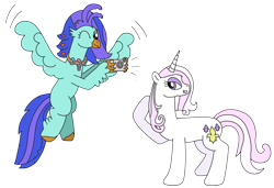 Size: 3247x2227 | Tagged: safe, artist:supahdonarudo, derpibooru import, fleur-de-lis, oc, oc:sea lilly, classical hippogriff, hippogriff, unicorn, camera, flying, jewelry, necklace, one eye closed, posing for photo, raised hoof, simple background, taking a photo, transparent background