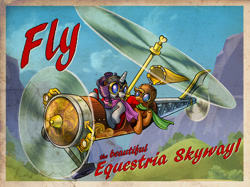 Size: 1724x1290 | Tagged: safe, artist:harwick, idw, applejack, rarity, earth pony, pony, unicorn, spoiler:comic, spoiler:comicff8, autogyro, flying contraption, gyro-flyer, helicopter, pilotjack, plane, postcard, steampunk, that was fast, united airlines