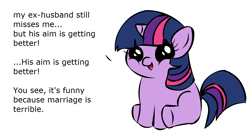 Size: 1194x668 | Tagged: safe, derpibooru import, twilight sparkle, pony, unicorn, dialogue, explaining the joke, exploitable meme, female, filly, filly twilight sparkle, filly twilight telling an offensive joke, gravity falls, her aim is getting better, horn, legend of the gobblewonker, looking at you, meme, multicolored mane, multicolored tail, purple coat, simple background, sitting, smiling, solo, talking to viewer, underhoof, white background, younger