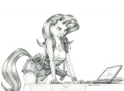 Size: 1400x1030 | Tagged: safe, artist:baron engel, starlight glimmer, anthro, unicorn, breasts, clothes, computer, fallout, fallout 4, female, grayscale, gun, laptop computer, mare, monochrome, pencil drawing, samopal vzor 48, shorts, simple background, submachinegun, tanktop, traditional art, watching, weapon, white background