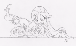 Size: 1000x607 | Tagged: safe, artist:dfectivedvice, fluttershy, pegasus, pony, belly button, blue pikmin, bondage, crossover, female, grayscale, mare, monochrome, pikmin, red pikmin, rope, this will end in tears, tied up, yellow pikmin