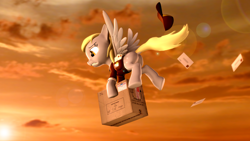 Size: 3840x2160 | Tagged: safe, artist:psfmer, derpy hooves, pegasus, pony, the point of no return, 3d, box, cardboard box, carrying, cloud, dock, envelope, female, flying, lens flare, mailmare, mare, package, plot, rear view, scene interpretation, solo, source filmmaker, sun, sunset, wings