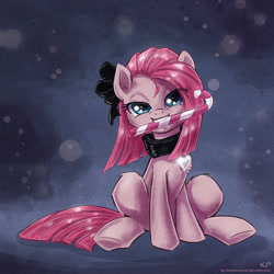 Size: 1200x1200 | Tagged: safe, artist:kp-shadowsquirrel, pinkie pie, earth pony, pony, bow, candy cane, collar, cute, cuteamena, female, hair bow, heart, looking at you, mare, mouth hold, pinkamena diane pie, sitting, solo