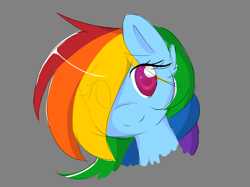 Size: 1668x1248 | Tagged: safe, artist:cynicalsonata, derpibooru import, rainbow dash, pegasus, pony, bust, colored pupils, cute, dashabetes, ear fluff, eye clipping through hair, female, gray background, hair over one eye, head only, mare, portrait, simple background, solo