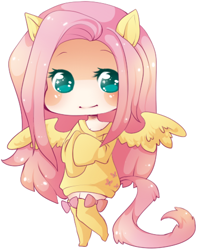 Size: 375x475 | Tagged: safe, artist:milkyteru, fluttershy, human, chibi, clothes, eared humanization, humanized, solo, sweatershy, tailed humanization, winged humanization