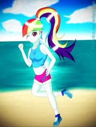 Size: 1536x2048 | Tagged: safe, artist:fluffydus, derpibooru import, rainbow dash, equestria girls, beach, belly button, clothes, earbuds, jogging, looking at you, midriff, shorts, smiling, sneakers, solo, tanktop, wink