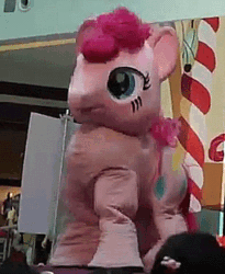 Size: 277x338 | Tagged: safe, pinkie pie, human, animated, irl, irl human, live action, party hard, photo, quadsuit, stomping