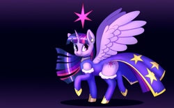 Size: 1280x800 | Tagged: safe, artist:sanfin, twilight sparkle, twilight sparkle (alicorn), alicorn, pony, clothes, dress, female, gradient background, mare, solo, stockings, thigh highs