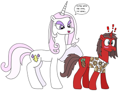 Size: 2625x2014 | Tagged: safe, artist:supahdonarudo, derpibooru import, fleur-de-lis, oc, oc:ironyoshi, unicorn, blushing, clothes, dialogue, exclamation point, flirting, implied shipping, raised hoof, shirt, simple background, speech bubble, transparent background