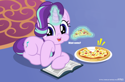 Size: 5659x3738 | Tagged: safe, artist:jhayarr23, edit, starlight glimmer, pony, unicorn, betrayal, book, bronybait, chipmunk cheeks, cute, dialogue, eating, female, food, glimmerbetes, glowing horn, hoof on cheek, horn, looking at you, magic, mare, messy eating, moral event horizon, open mouth, pineapple pizza, pizza, prone, show accurate, solo, talking to viewer, telekinesis, that pony sure does love pineapple pizza