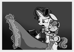 Size: 1059x747 | Tagged: safe, artist:28gooddays, rarity, sweetie belle, sweetie bot, pony, robot, robot pony, unicorn, black and white, eyes closed, female, filly, floppy ears, foal, glowing horn, goggles, grayscale, hooves, horn, hug, levitation, magic, mare, monochrome, open mouth, roboticist, telekinesis